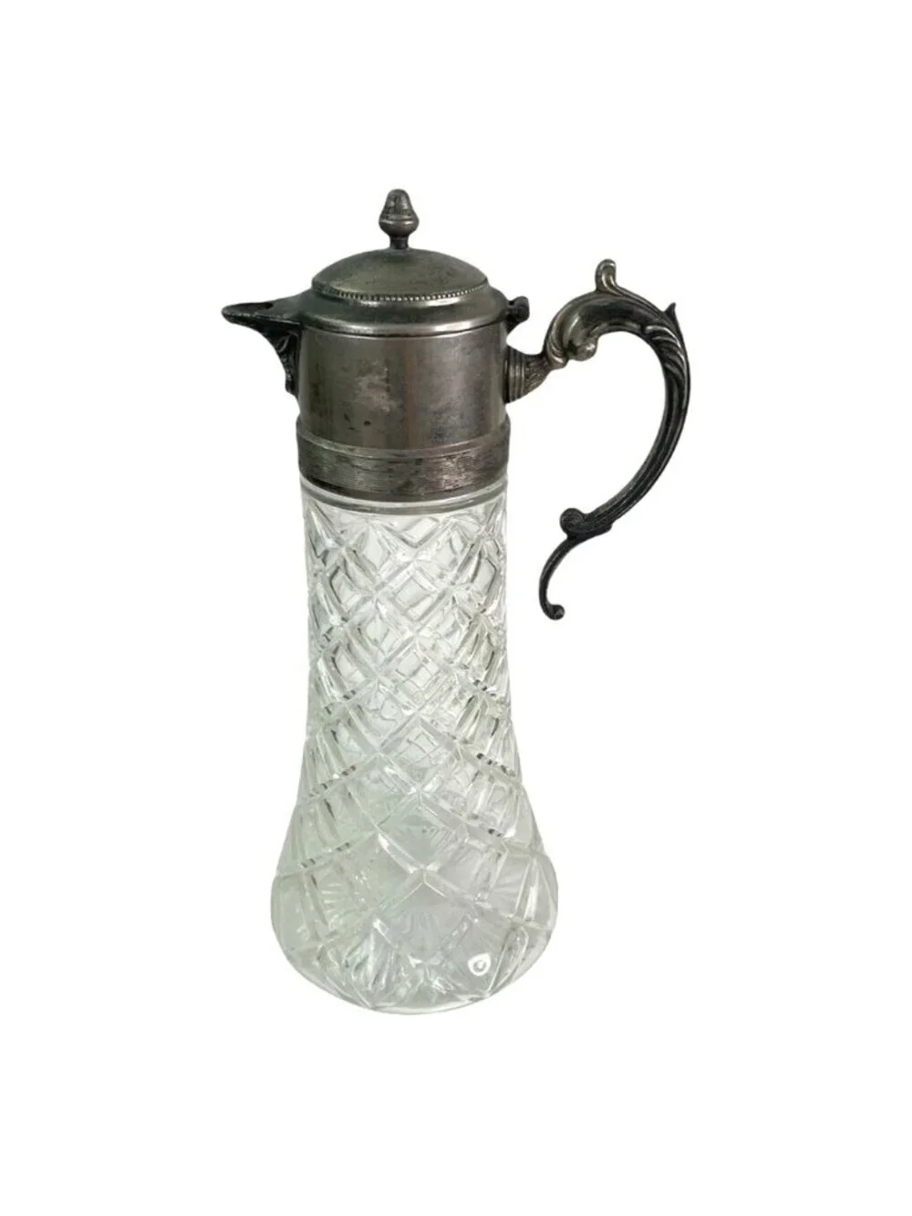 Vintage Glass Claret Carafe Pitcher Ewer Diamond Cut Silver Plate Lid Handle 14